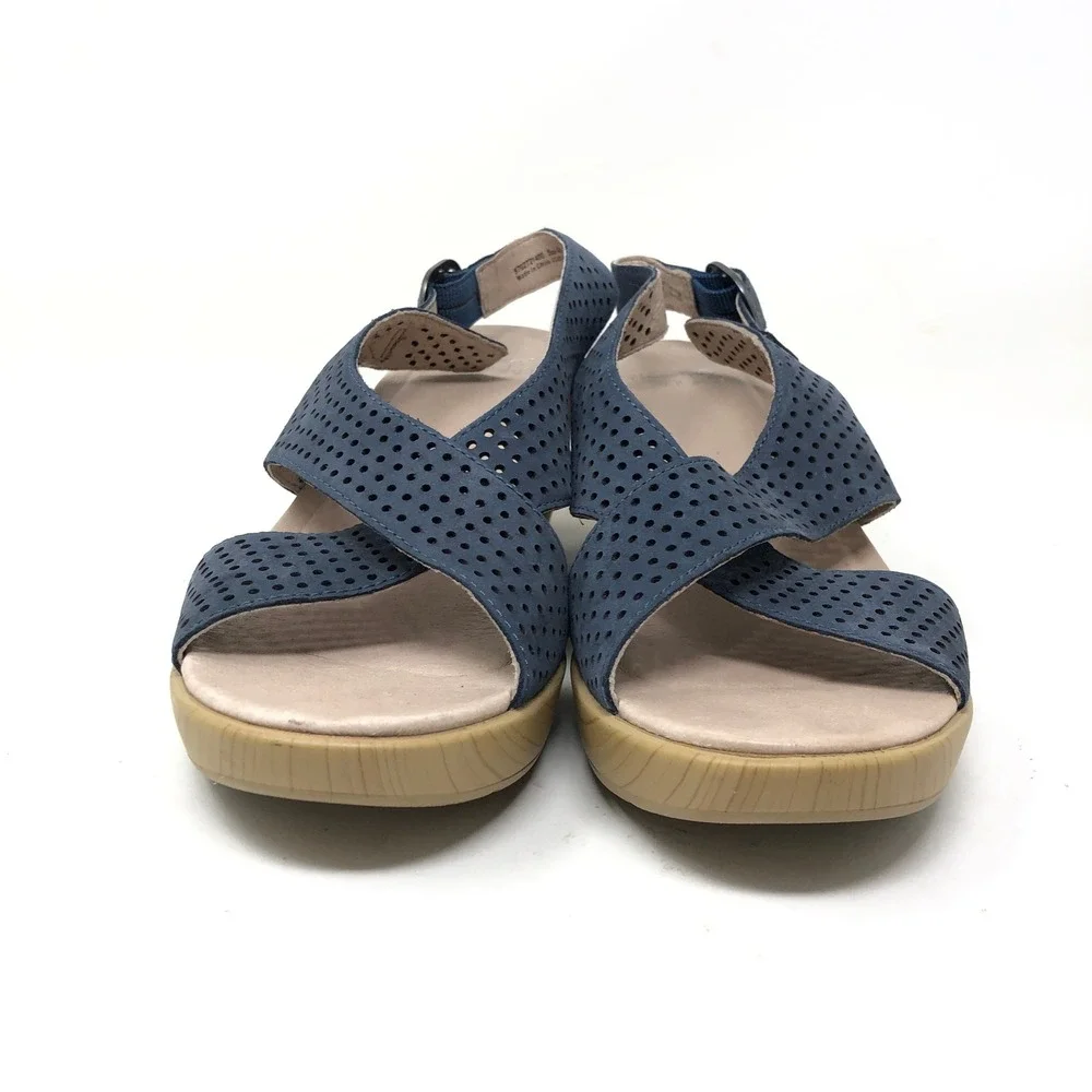 Dansko Womens 40 Jacinda Sandals Blue Perforated Leather Wedge Slingback